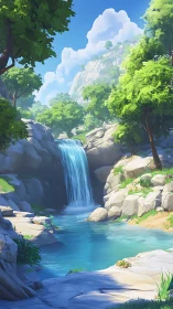 Sunlit canyon waterfall cradled by bright emerald forest.