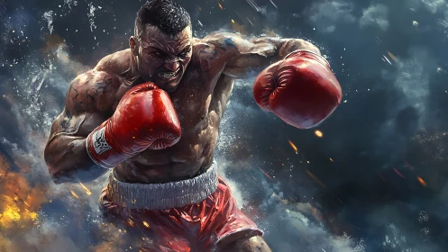 Muscular Boxer in Dynamic Combat Stance with Volumetric Lighting Effects