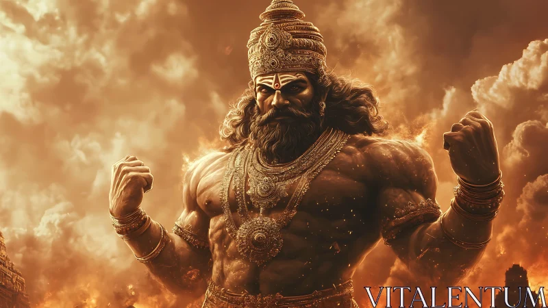 Muscular mythic warrior stands amid fiery clouds and ruins