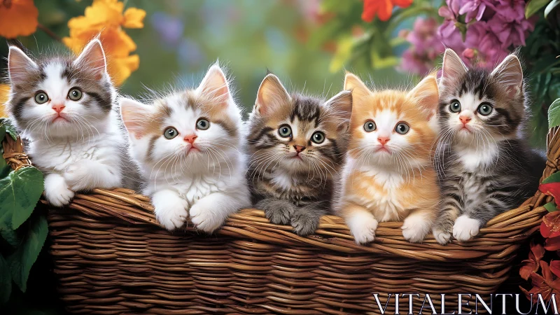 Five Kittens Sitting on Wooden Branch Surrounded by Colorful Flowers