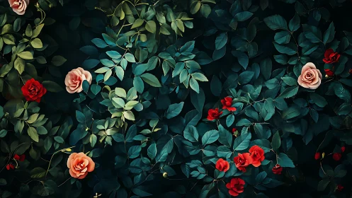 Rose Garden Overhead View with Red and Peach Blooms