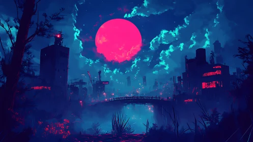 Neon moonlight pours over a misty futuristic city bridge