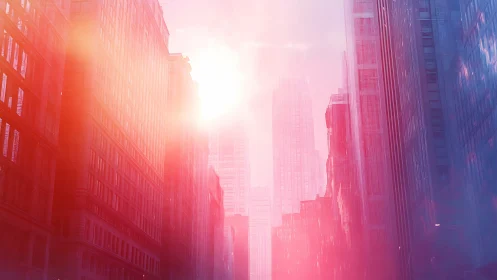 Chromatic urban canyon under saturated solar bloom.