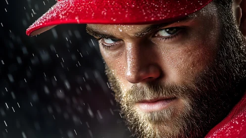 Bearded athlete glares through driving rain in red cap.