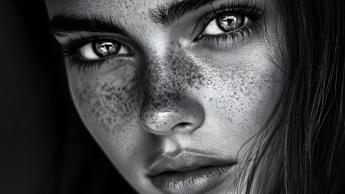 Gaze lingers on a freckled face with luminous grayscale eyes