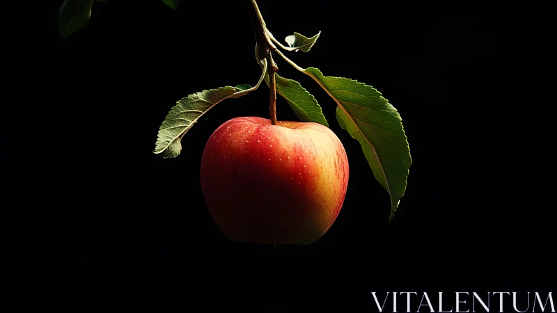Red apple on branch isolated by dramatic low key lighting.