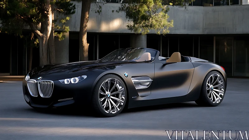 Black BMW roadster concept is parked in an urban courtyard