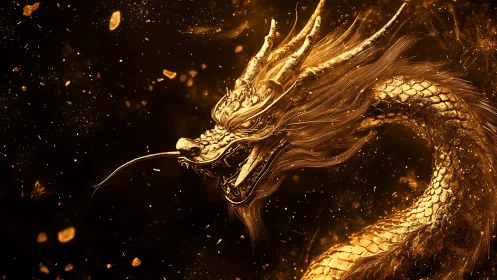 Golden dragon rendered in glowing swirling particles.