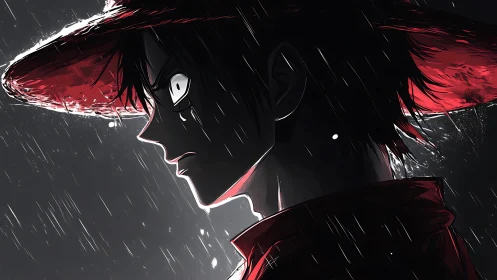 Profile view of straw hat anime figure under heavy rain.