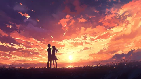 Silhouetted couple share a quiet moment beneath blazing skies.