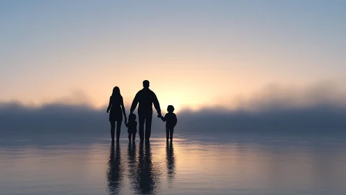 Silhouetted family stands in reflected dusk light on calm water