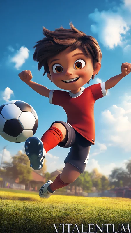 Dynamic 3D render of stylized boy kicking soccer ball mid-strike