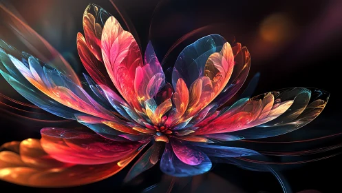 Multichromatic fractal flower bloom with luminous translucent petals