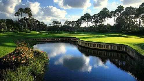 Golf course pond with palm trees under partly cloudy sky.