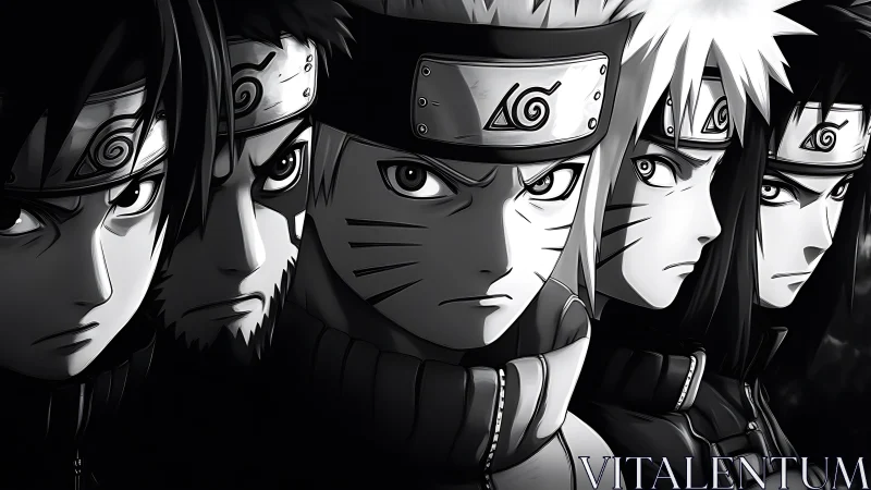 Monochrome lineup of five stylized ninja headband wearers.