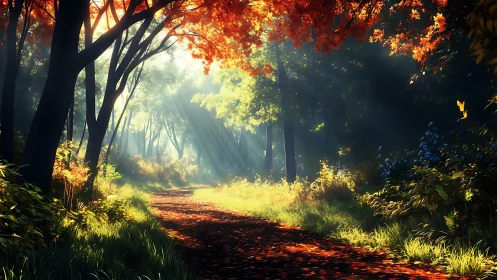 Sunlit Forest Avenue With Autumn Canopy and Golden Path.