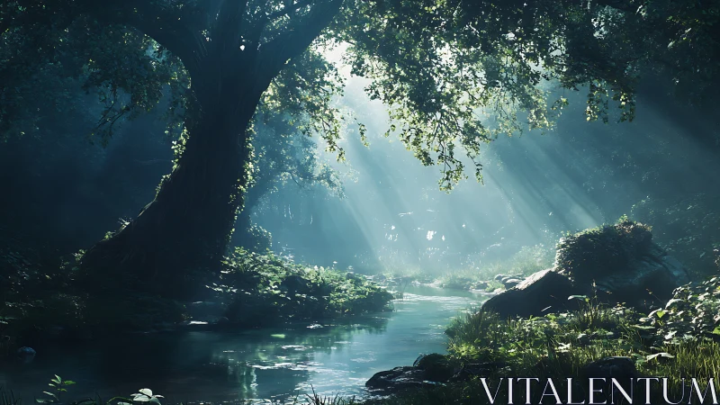 Forest River with Dramatic Light Rays Through Canopy