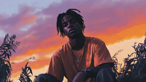 Sunset thinker in neon dusk fields, wrapped in quiet fire.