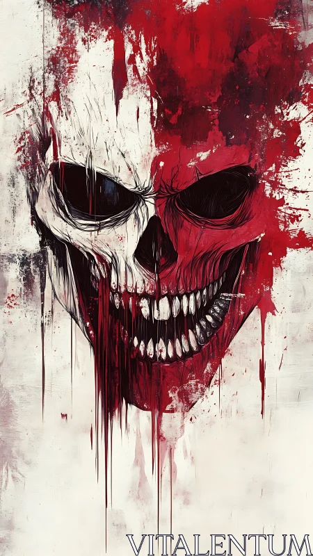 Crimson-slashed skull grin in bold abstract horror art.