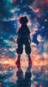 Stargazing hero stands tall above glowing, dreamlike water