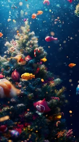 Underwater Christmas tree glows with playful candy fish