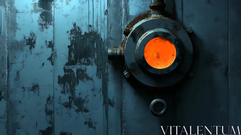 Rusted Industrial Signal Light Against Weathered Metal Wall