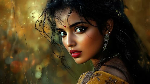Gazing portrait captures luminous beauty in golden bokeh dusk