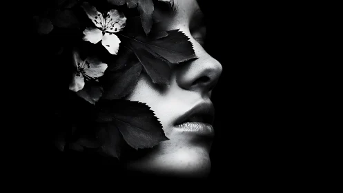 Human face in profile partially covered by leaves and flowers
