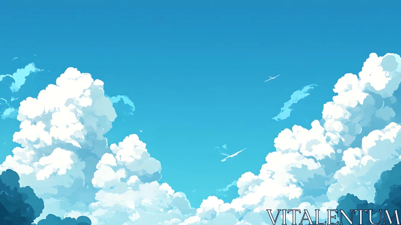 Layered cumulus clouds under clear blue digital sky.