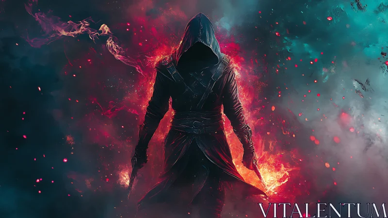 Hooded firecaster in dual-color atmospheric digital painting.