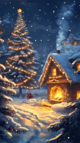 Snowy log cabin with lit Christmas tree at night