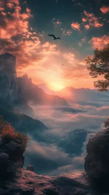 Dawn spills over cloud seas and soaring mountain cliffs.