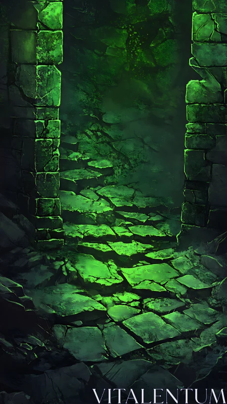 Eerie green dungeon passage glows with ominous arcane light