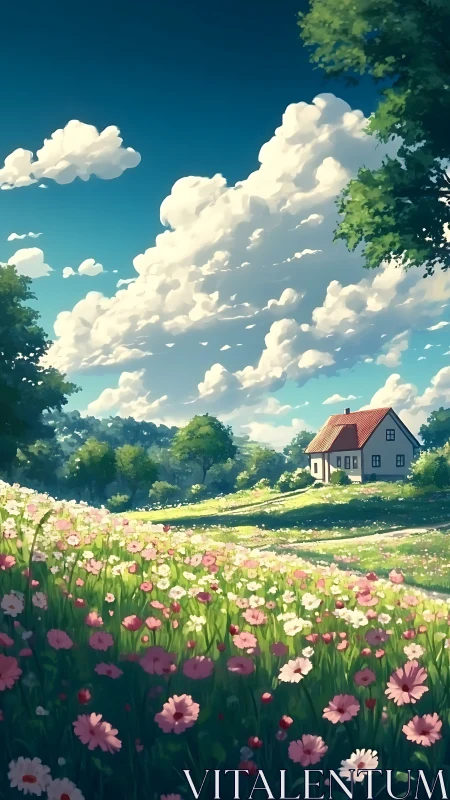 Rural house stands beyond flower meadow under cumulus clouds