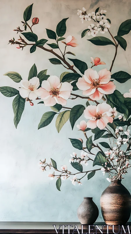 Delicate Floral Garden with Blossoming Branches in Pottery
