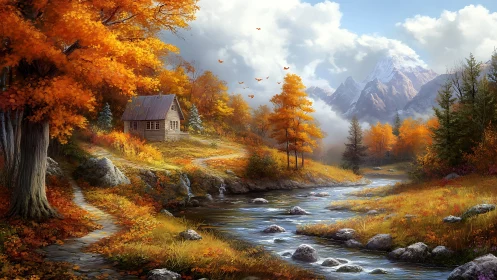 Golden autumn cabin beside a mountain stream under clouds.