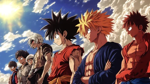 High-intensity anime warriors aligned under dramatic skylight.