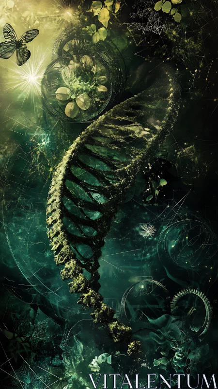 Bioluminescent DNA helix rises through an enchanted green void