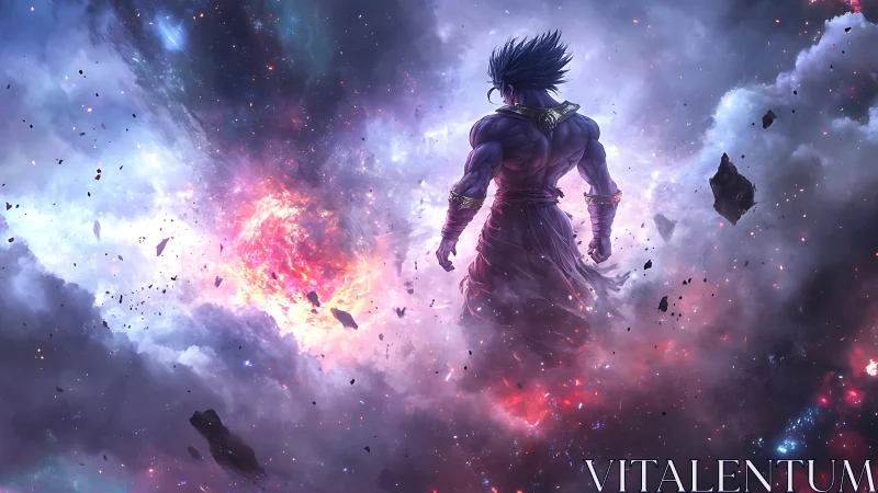 Cosmic warrior commands erupting nebula in deep space.