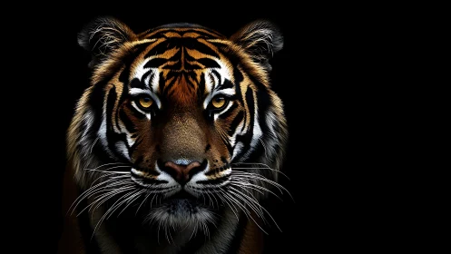 Photorealistic tiger portrait with chiaroscuro frontal composition.