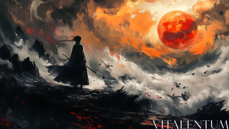 Lone samurai faces burning crimson sun over storm coast.