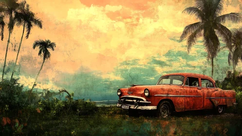 Rust-red classic sedan under tropical palms at sunset.