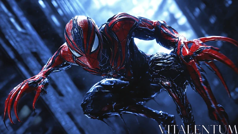 Symbiotic spider warrior lunges through a rain soaked cityscape