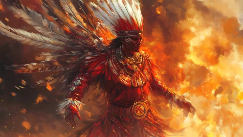 Fire-clad tribal warrior strides through swirling embers.