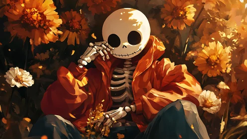 Stylized skeleton in orange jacket resting amid marigolds