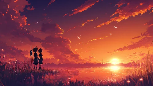 Silhouetted figures observing orange sunset over lake.