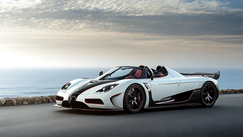 White hypercar convertible on coastal highway at sunrise.