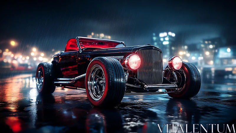 Sleek hot rod gleams on a rainy neon city street at night.