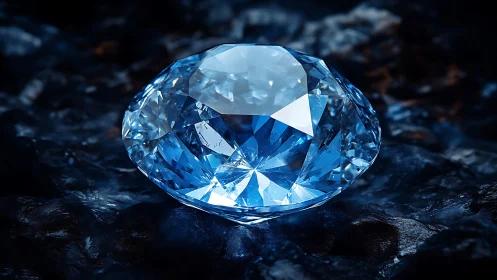 Faceted blue gemstone resting on dark textured surface.