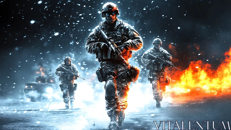 Battle-hardened soldiers advance through fire and snow.